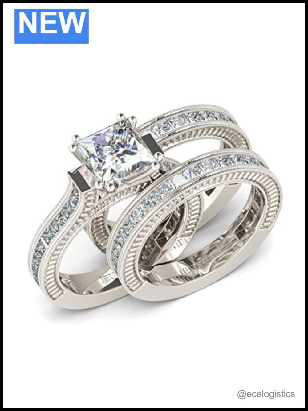 Princess Cut 3PC Bridal Ring Set Sterling Silver Halo Wedding Engagement